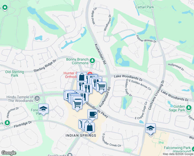 map of restaurants, bars, coffee shops, grocery stores, and more near 6607 Lake Woodlands Drive in The Woodlands