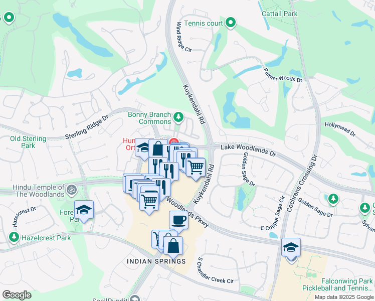 map of restaurants, bars, coffee shops, grocery stores, and more near 6607 Lake Woodlands Drive in The Woodlands