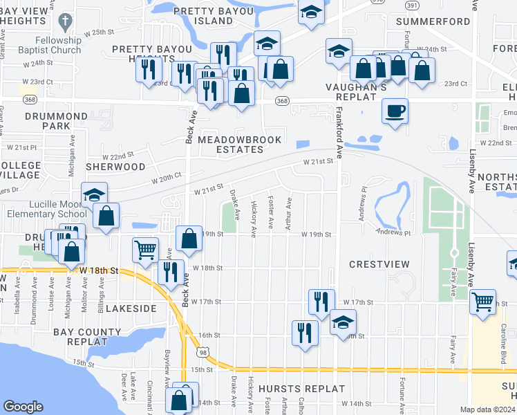 map of restaurants, bars, coffee shops, grocery stores, and more near 1912 Hickory Avenue in Panama City