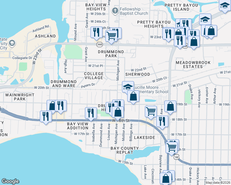 map of restaurants, bars, coffee shops, grocery stores, and more near 3701 Burnham Way in Panama City