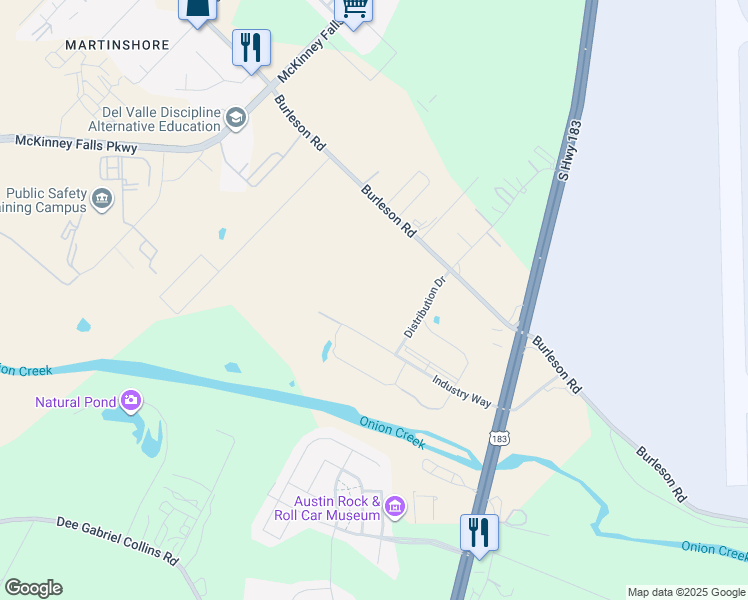 map of restaurants, bars, coffee shops, grocery stores, and more near 8219 Burleson Road in Austin