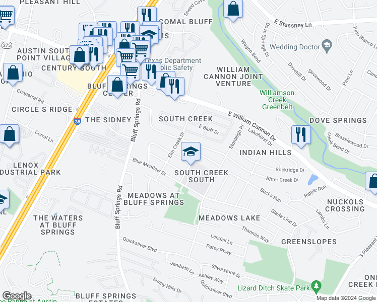 map of restaurants, bars, coffee shops, grocery stores, and more near 2013 Bitter Creek Drive in Austin