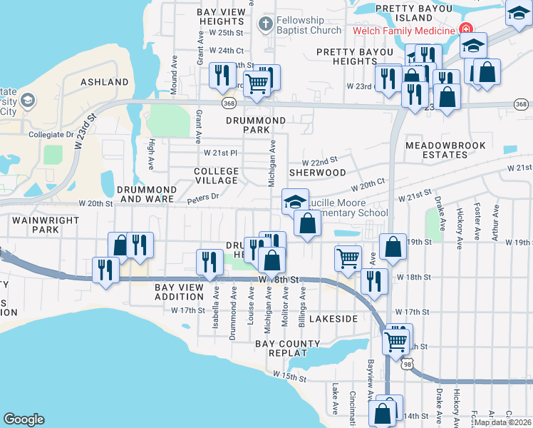 map of restaurants, bars, coffee shops, grocery stores, and more near 3701 Burnham Way in Panama City