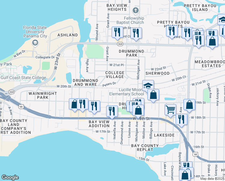 map of restaurants, bars, coffee shops, grocery stores, and more near 1999 Karly Court in Panama City