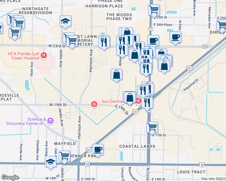 map of restaurants, bars, coffee shops, grocery stores, and more near 1915 Wilson Avenue in Panama City
