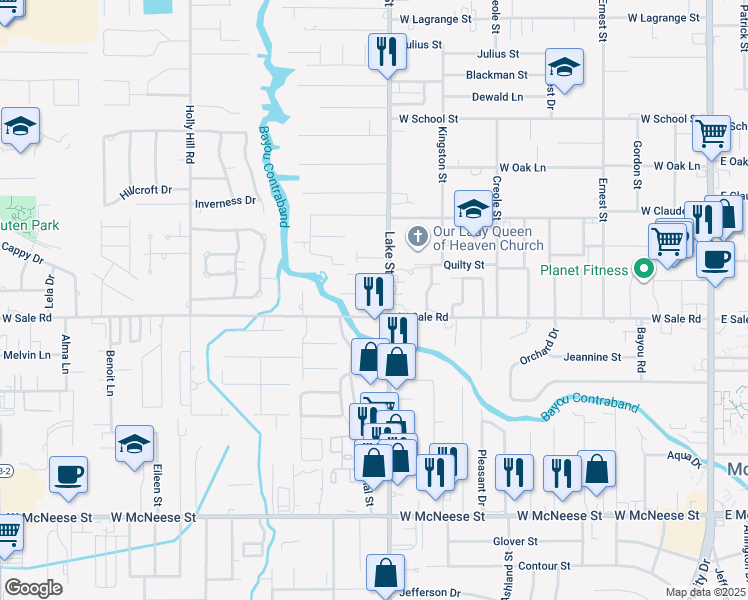 map of restaurants, bars, coffee shops, grocery stores, and more near 809 Garden Lane in Lake Charles