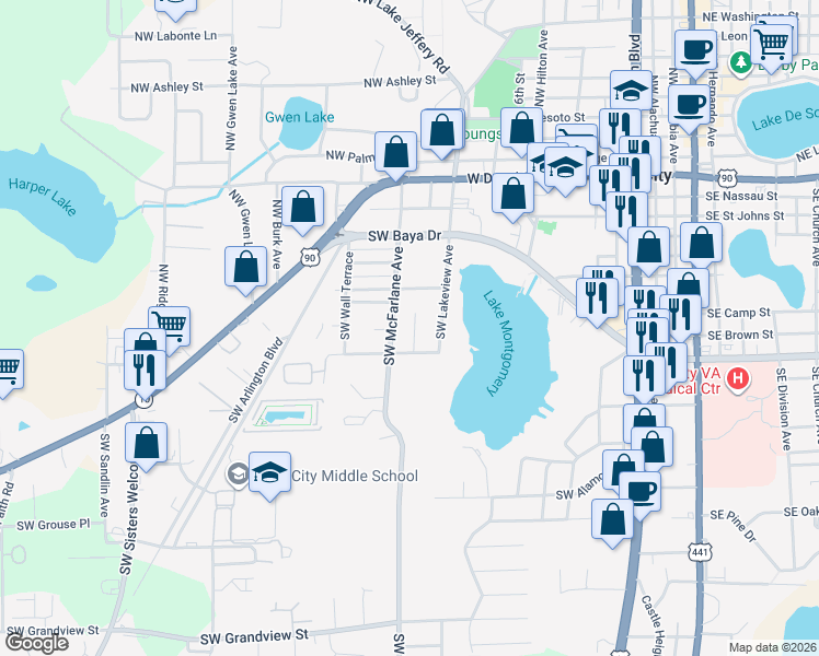 map of restaurants, bars, coffee shops, grocery stores, and more near 416 Southwest Theresa Court in Lake City