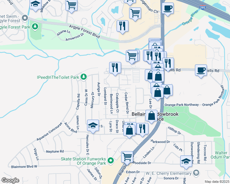 map of restaurants, bars, coffee shops, grocery stores, and more near 1974 Hickory Run West in Orange Park