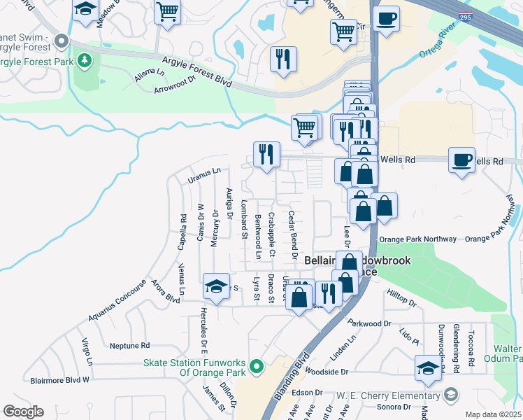 map of restaurants, bars, coffee shops, grocery stores, and more near 459 Lombard Street in Orange Park