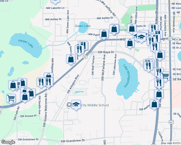 map of restaurants, bars, coffee shops, grocery stores, and more near 338 Southwest Wall Terrace in Lake City
