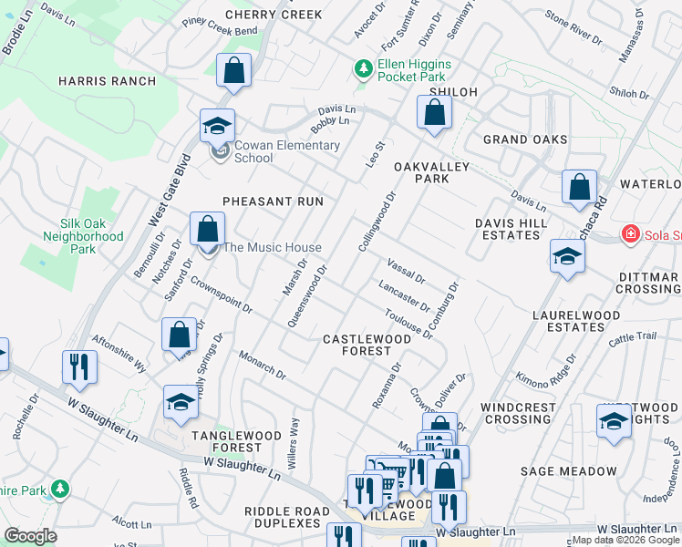 map of restaurants, bars, coffee shops, grocery stores, and more near 9202 Collingwood Drive in Austin