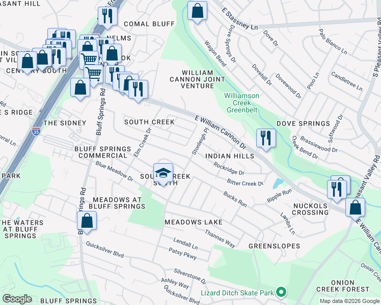map of restaurants, bars, coffee shops, grocery stores, and more near 6706 Stonleigh Place in Austin