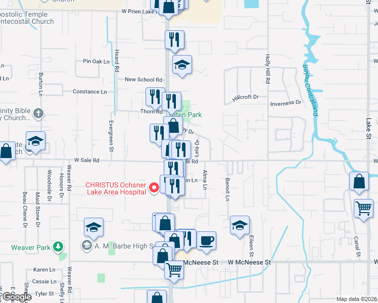 map of restaurants, bars, coffee shops, grocery stores, and more near 1705 Charles Dr in Lake Charles
