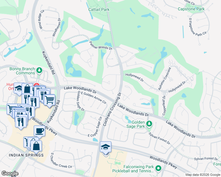 map of restaurants, bars, coffee shops, grocery stores, and more near 99 South Castlegreen Circle in Spring