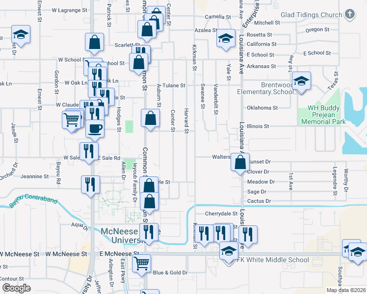 map of restaurants, bars, coffee shops, grocery stores, and more near 4011 Harvard Street in Lake Charles