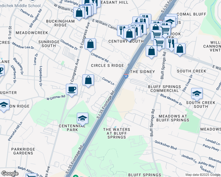 map of restaurants, bars, coffee shops, grocery stores, and more near 7300 South Interstate 35 Frontage Road in Austin