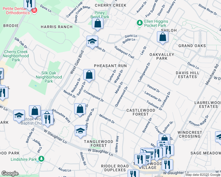 map of restaurants, bars, coffee shops, grocery stores, and more near 2704 Dupoint Cove in Austin
