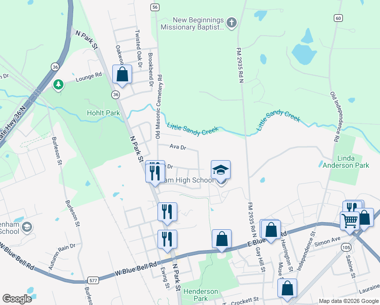 map of restaurants, bars, coffee shops, grocery stores, and more near 308 Ava Drive in Brenham
