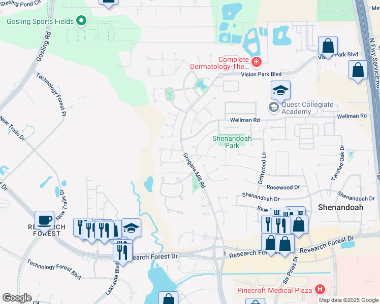 map of restaurants, bars, coffee shops, grocery stores, and more near 11 Langham Court in Shenandoah