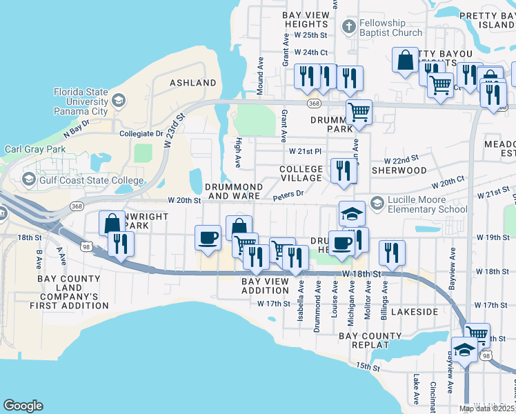 map of restaurants, bars, coffee shops, grocery stores, and more near 1918 Mound Avenue in Panama City