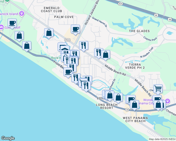 map of restaurants, bars, coffee shops, grocery stores, and more near 150 West Leslie Lane in Panama City Beach