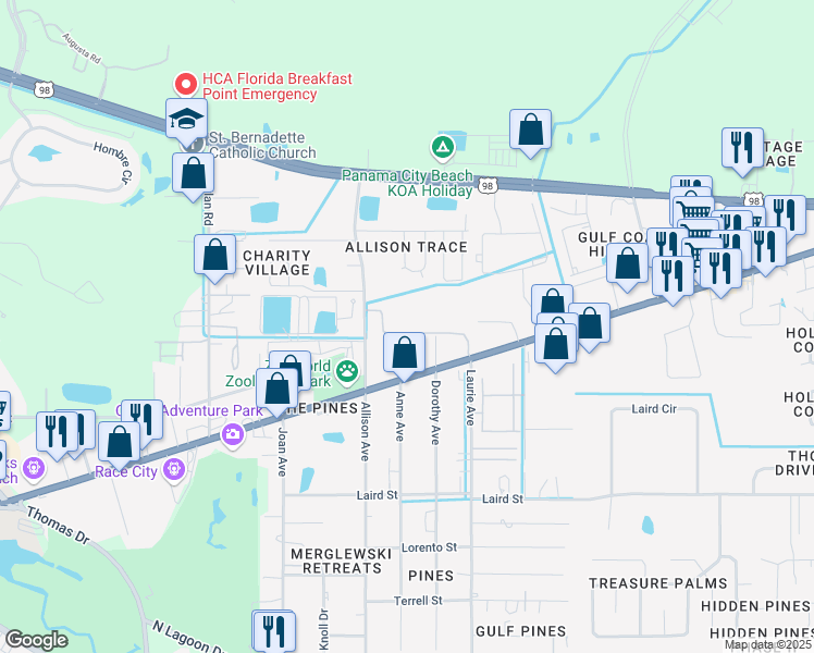 map of restaurants, bars, coffee shops, grocery stores, and more near 8700 Front Beach Road in Panama City Beach