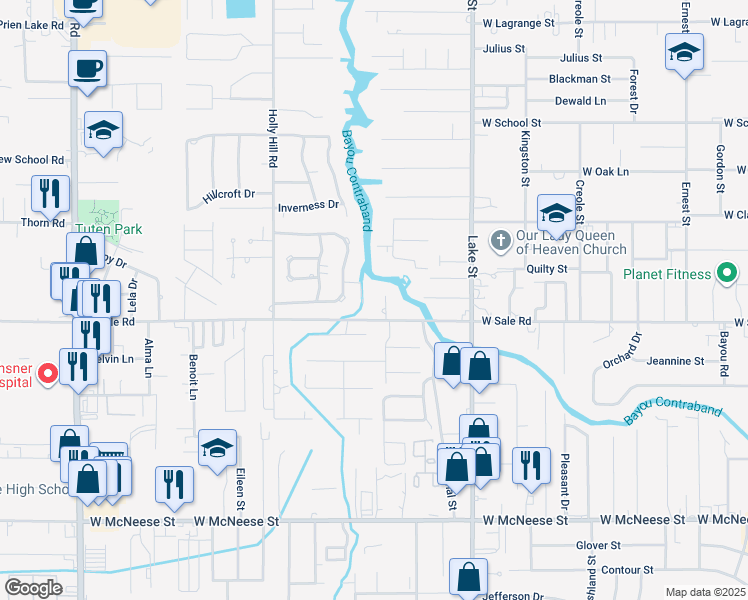 map of restaurants, bars, coffee shops, grocery stores, and more near 100 Melrose Lane in Lake Charles