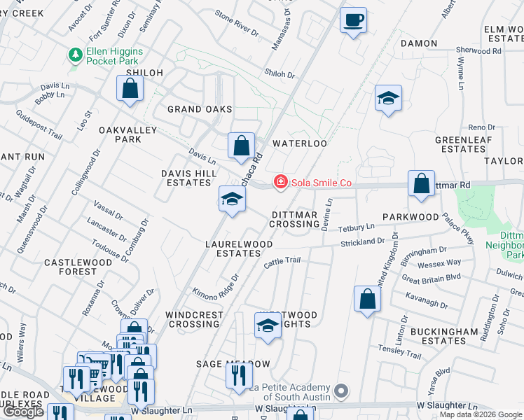 map of restaurants, bars, coffee shops, grocery stores, and more near 8616 Kimono Ridge Drive in Austin