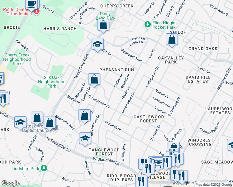 map of restaurants, bars, coffee shops, grocery stores, and more near 2704 Dupoint Cove in Austin