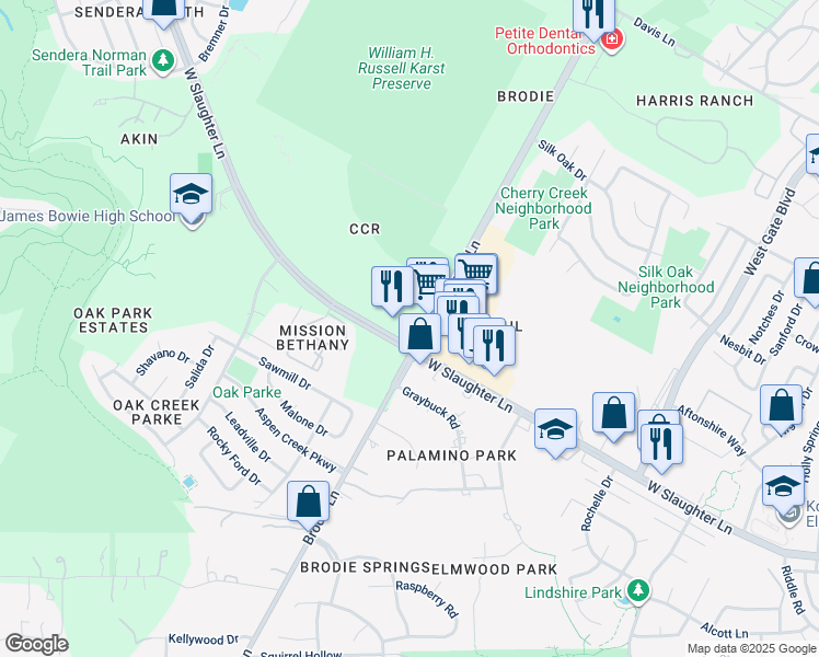 map of restaurants, bars, coffee shops, grocery stores, and more near 3500 West Slaughter Lane in Austin
