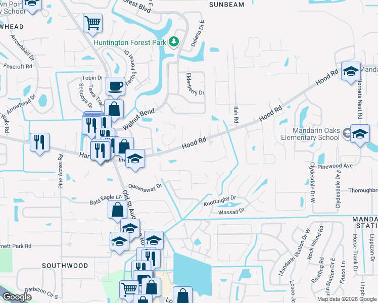 map of restaurants, bars, coffee shops, grocery stores, and more near 4516 Hood Road in Jacksonville