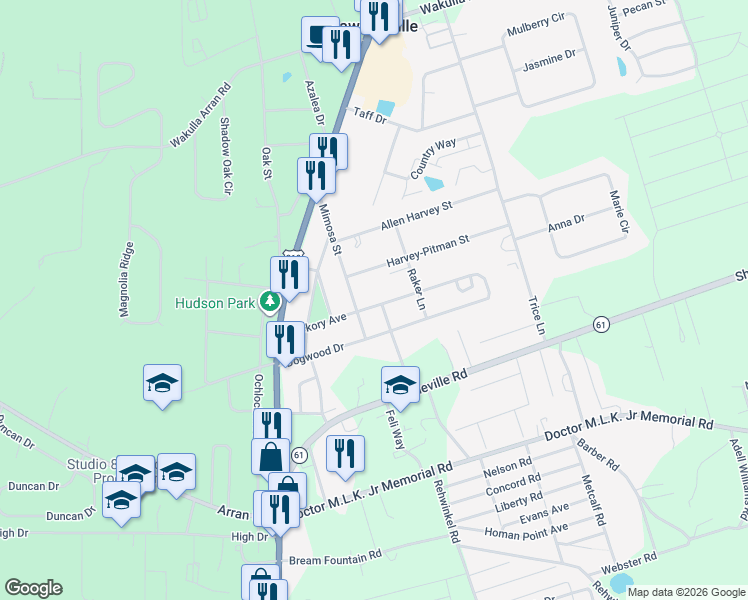 map of restaurants, bars, coffee shops, grocery stores, and more near 104 Hickory Avenue in Crawfordville