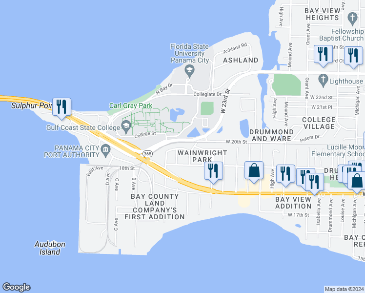 map of restaurants, bars, coffee shops, grocery stores, and more near 4904 West 19th Court in Panama City
