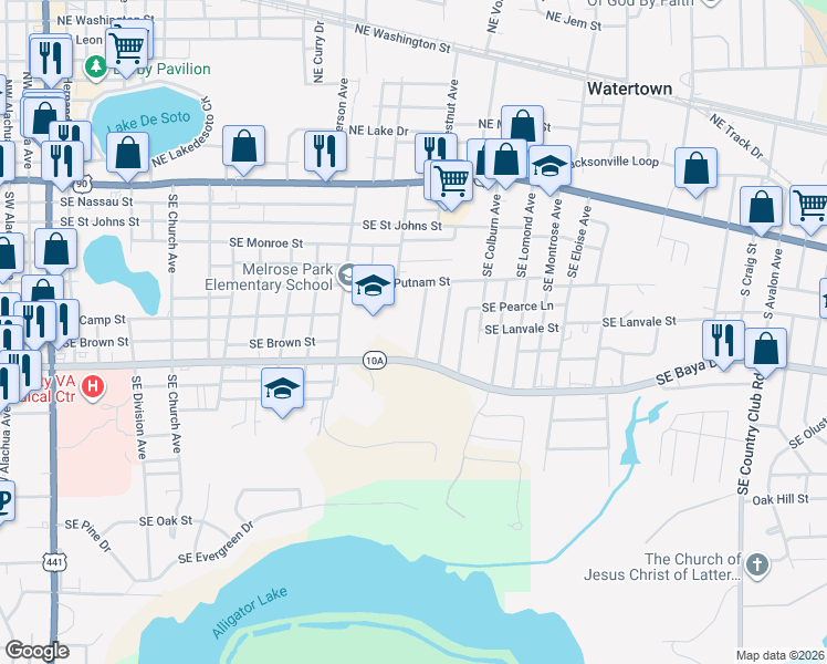 map of restaurants, bars, coffee shops, grocery stores, and more near 432 Southeast Castillo Terrace in Lake City
