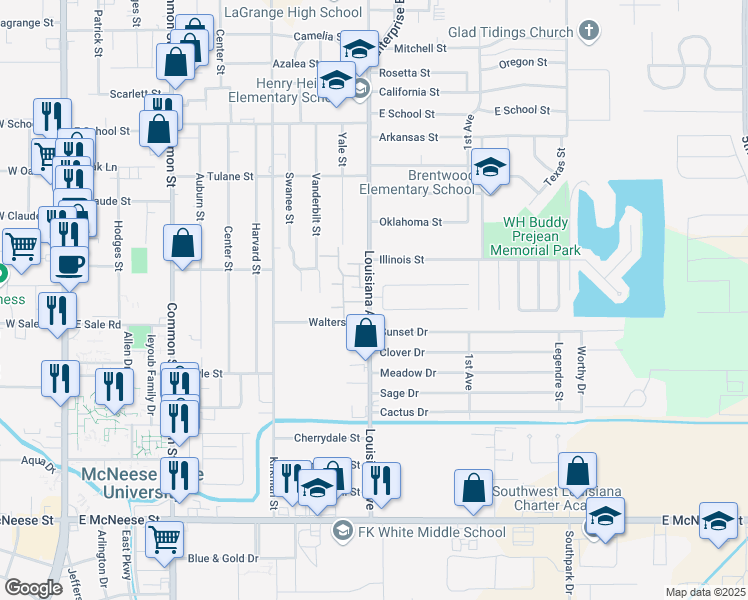 map of restaurants, bars, coffee shops, grocery stores, and more near 4023 Elton in Lake Charles