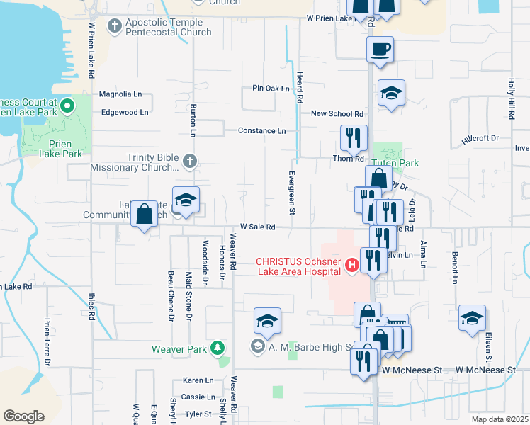 map of restaurants, bars, coffee shops, grocery stores, and more near 4037 Barbe Wood Drive in Lake Charles