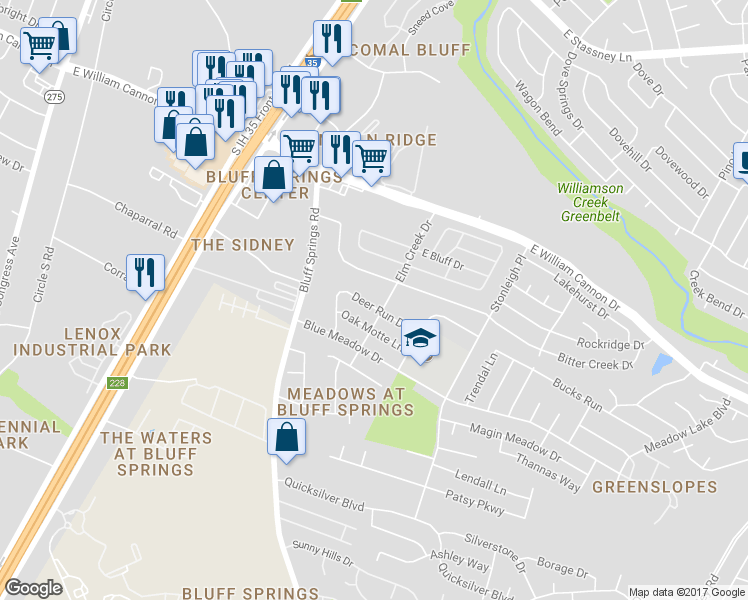 map of restaurants, bars, coffee shops, grocery stores, and more near 2000 Deer Run Drive in Austin