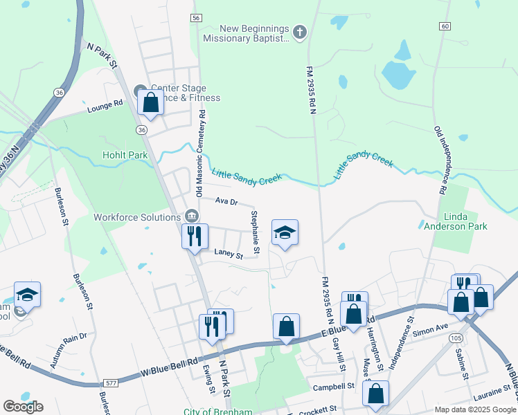 map of restaurants, bars, coffee shops, grocery stores, and more near 1810 Stephanie Street in Brenham