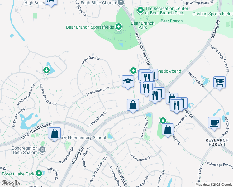 map of restaurants, bars, coffee shops, grocery stores, and more near 1 Tanager Trail in Spring
