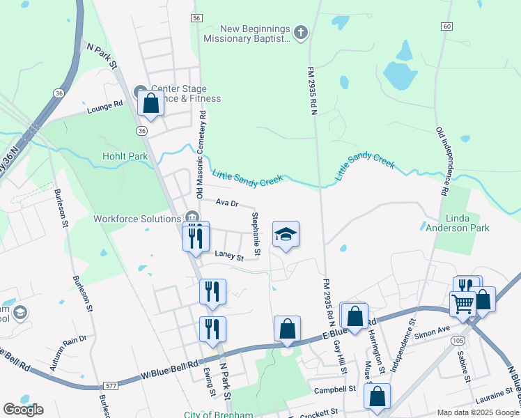 map of restaurants, bars, coffee shops, grocery stores, and more near 1810 Stephanie St in Brenham
