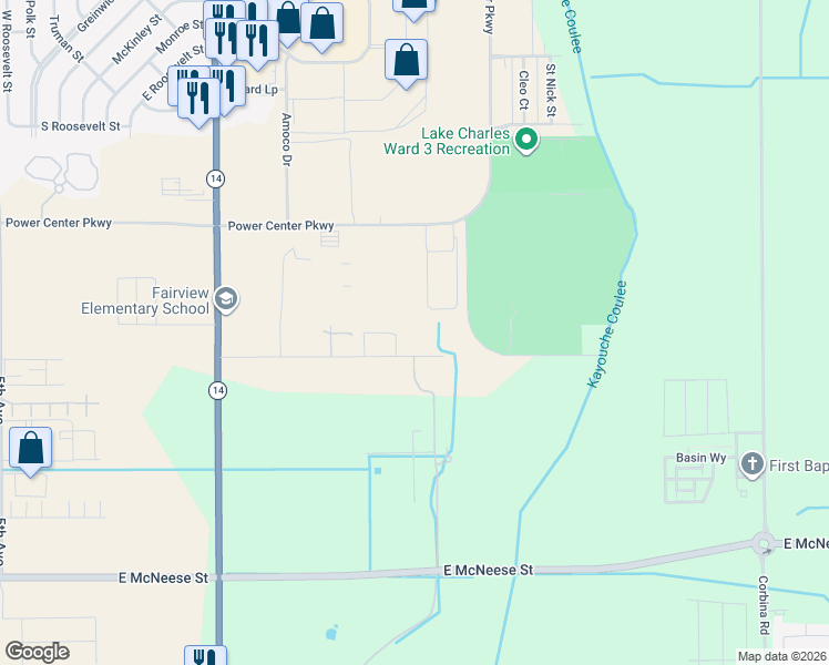 map of restaurants, bars, coffee shops, grocery stores, and more near 2906 McNeese Farm Road in Lake Charles