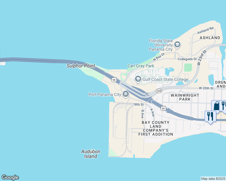 map of restaurants, bars, coffee shops, grocery stores, and more near 5505 Sun Harbor Road in Panama City