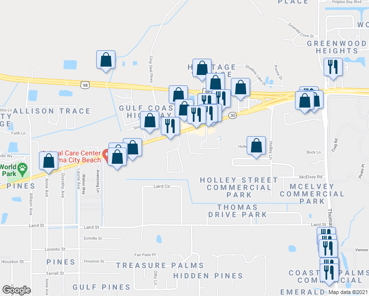 map of restaurants, bars, coffee shops, grocery stores, and more near 2031 Wilkinson Avenue in Panama City Beach