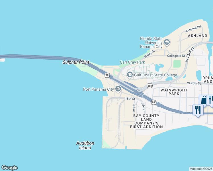 map of restaurants, bars, coffee shops, grocery stores, and more near 5505 Sun Harbor Road in Panama City