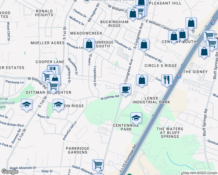 map of restaurants, bars, coffee shops, grocery stores, and more near 7415 Merrick Lane in Austin