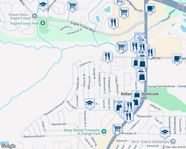 map of restaurants, bars, coffee shops, grocery stores, and more near 319 Auriga Drive in Orange Park
