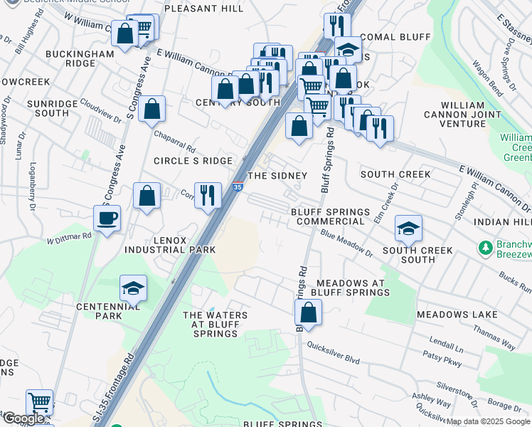 map of restaurants, bars, coffee shops, grocery stores, and more near 7100 Bluff Springs Road in Austin