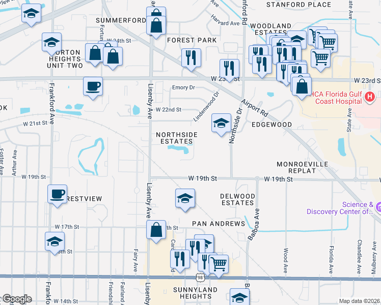 map of restaurants, bars, coffee shops, grocery stores, and more near 1211 Stephen Drive in Panama City