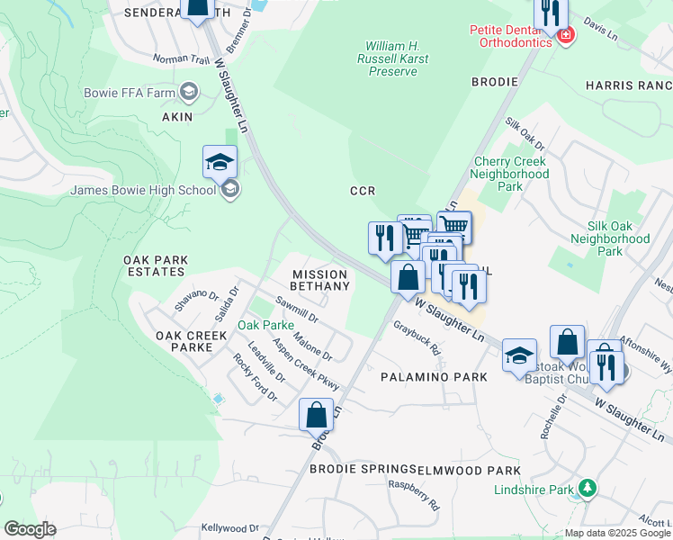 map of restaurants, bars, coffee shops, grocery stores, and more near 3615 West Slaughter Lane in Austin