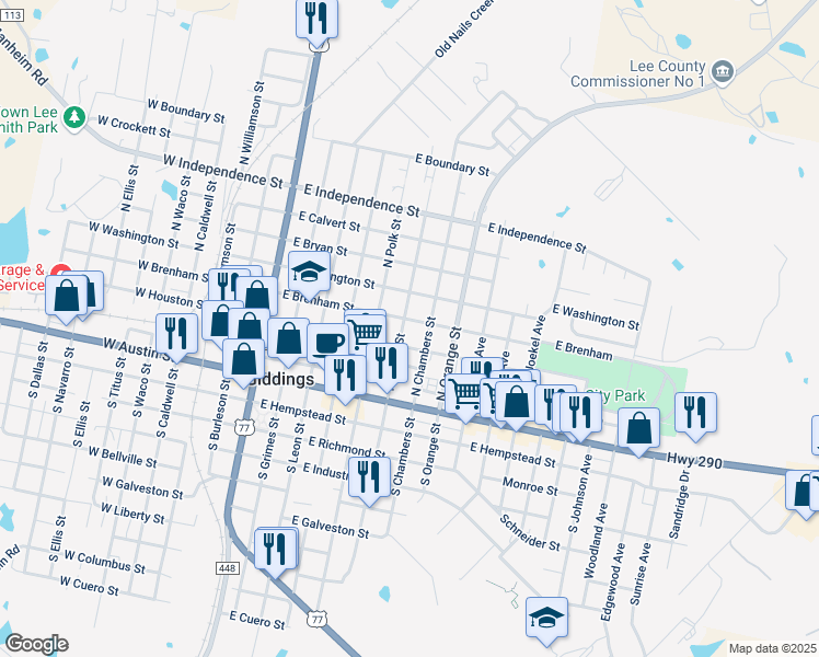 map of restaurants, bars, coffee shops, grocery stores, and more near 382 North Harris Street in Giddings